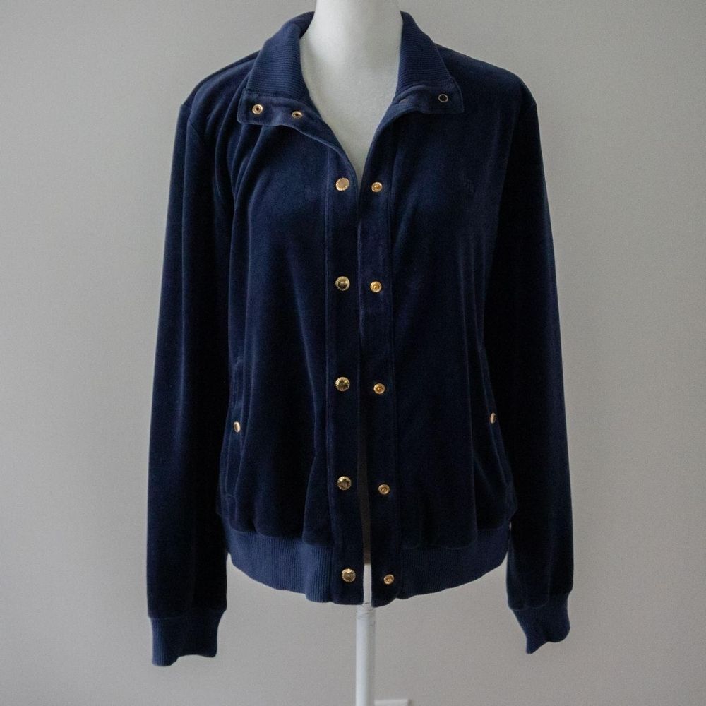 Y2K Ralph Lauren Preppy Navy Dark Blue Button Front Bomber Style Velour Jacket